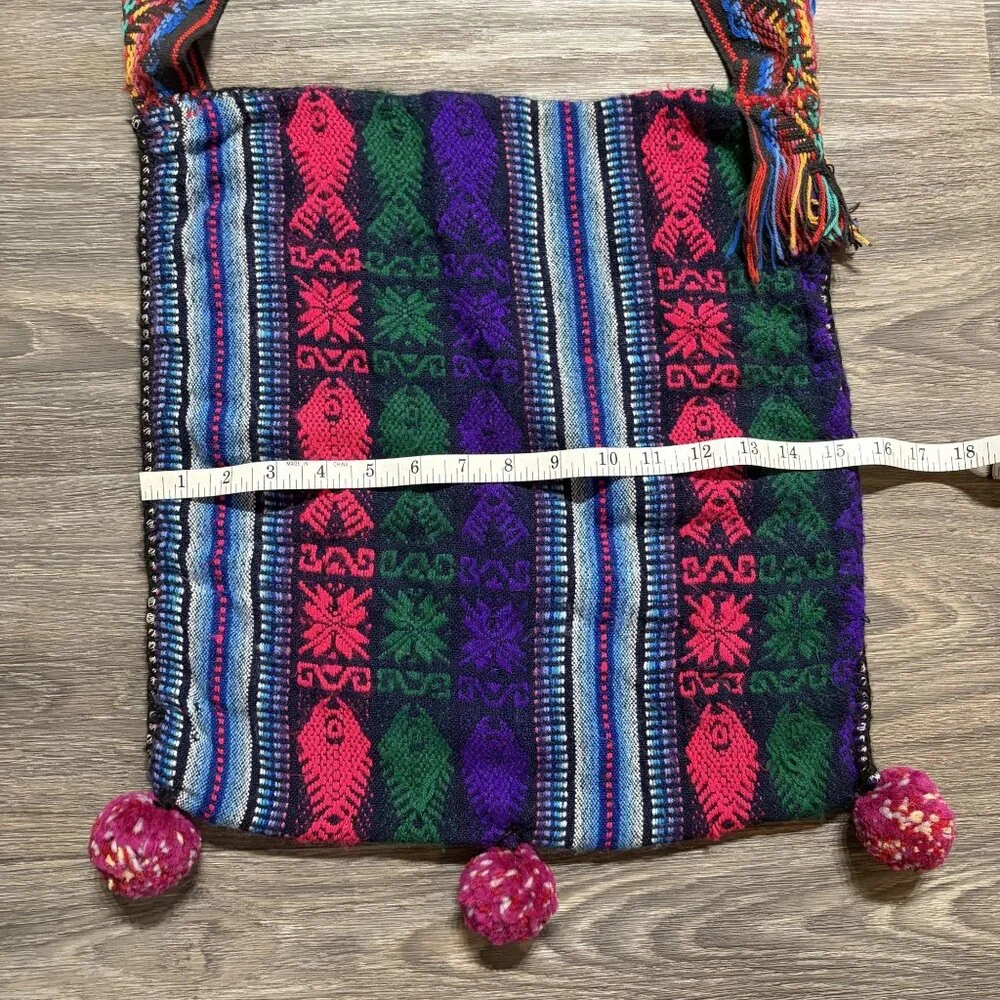 Multicolor Woven Bag Nepal Fish Motif PomPom Bohemian Grunge Festival 90s VTG